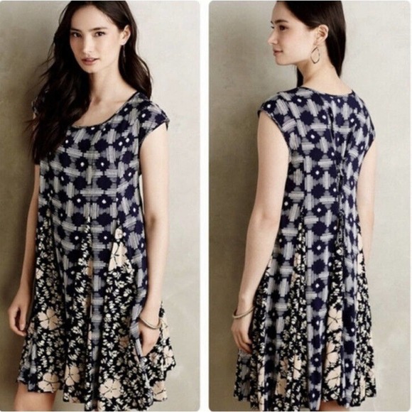 Anthropologie Maeve Navy Blue Indiga Swing Dress Sz S Ikat - Picture 1 of 15